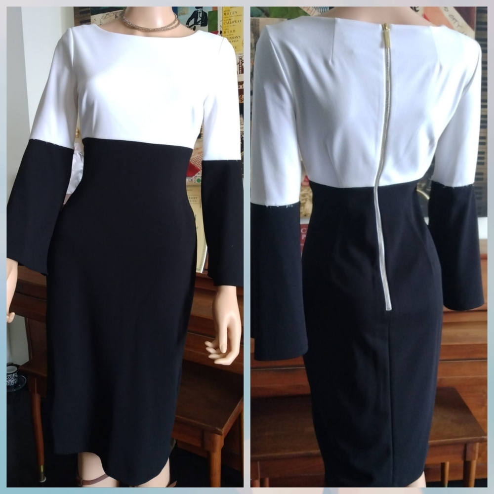 Calvin Klein White Black Midi Dress NWOT 8